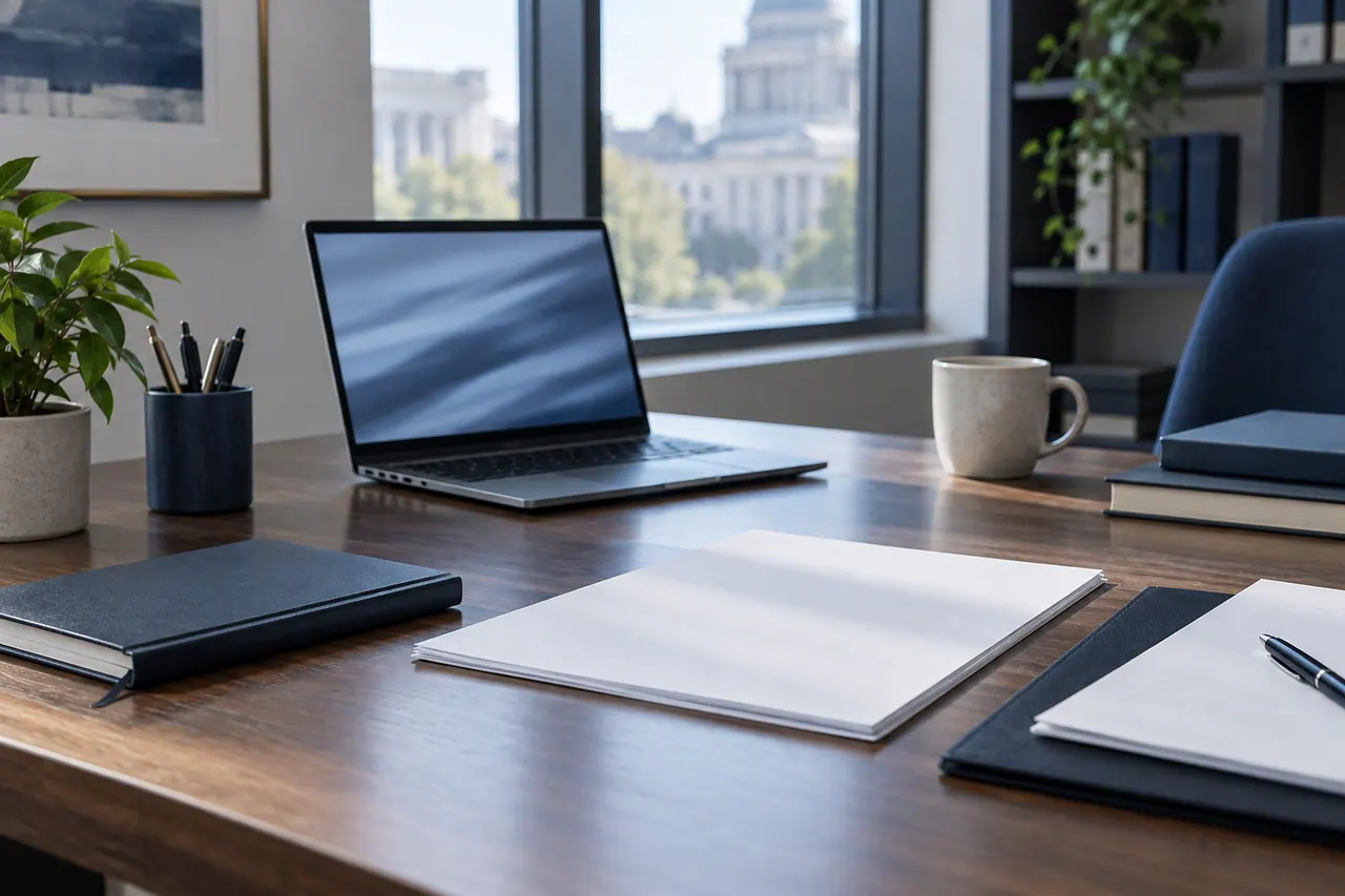 An unbranded laptop, blank papers, notebooks and a pen on a quiet workspace desk.